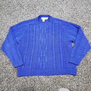 American Weekend Sweater Mens Large Blue Cable Knit Ramie Cotton Crewneck Raglan